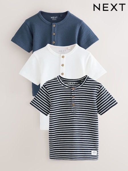 Blue/Navy Short Sleeve Textured Henley T-Shirts 3 Pack (3mths-7yrs) (AM3987) | £18 - £22