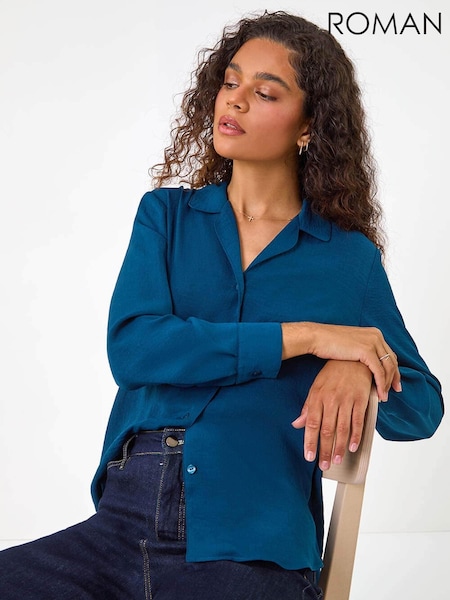 Roman Blue Plain V-Neck Collar Button Detail Blouse (AM4509) | £35
