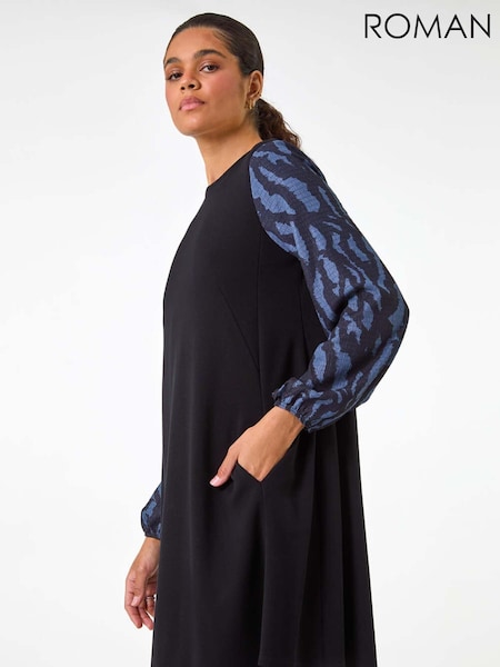 Roman Blue Contrast Sleeve A-Line Stretch Dress (AM4515) | £42