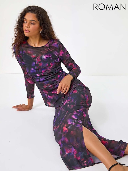 Roman Pink Printed Ruched Mesh Pencil Skirt (AM4521) | £38