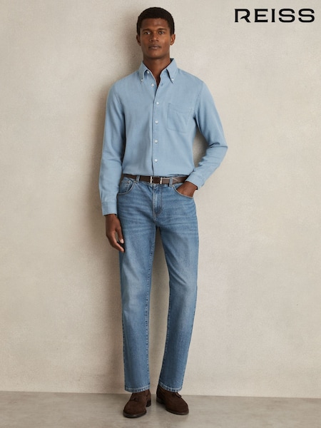 Reiss Washed Blue Minoa Cotton-Piqué Button-Down Chambray Shirt (AM4619) | £98