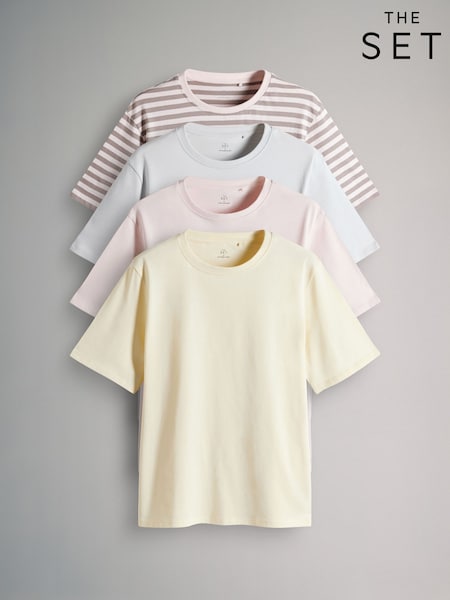 The Set Pastel Yellow/Light Pink/Pale Blue/Pink Stripe 4 Pack 100% Cotton Short Sleeved Relaxed T-Shirts (AM4633) | £20