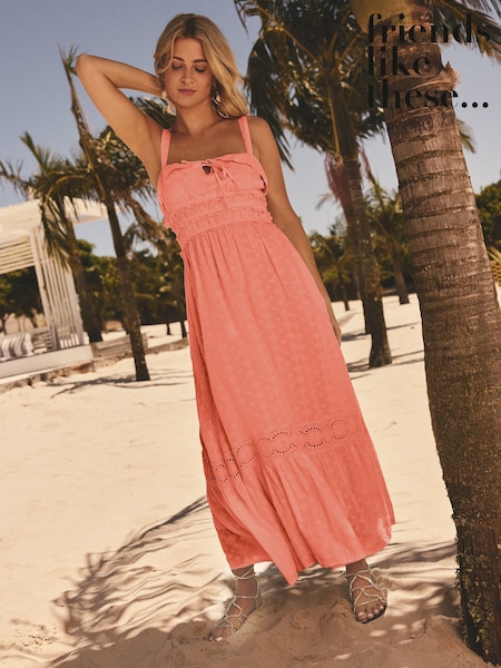 Friends Like These Peach Pink Millie Mackintosh Crinkle Lace Trim Tiered Midi Sun Dress (AM4678) | £55