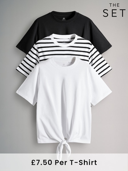 The Set Black/White/Black and White Stripe 3 Pack Tie Front 100% Cotton T-Shirts (AM4822) | £22