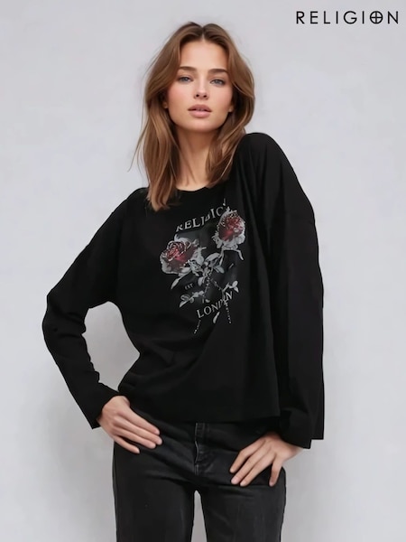Religion Black Long Sleeve Flush 100% Cotton T-Shirt with Floret Roses Religion Artwork (AM4839) | £42