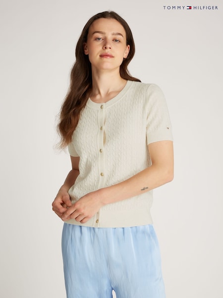 Tommy Hilfiger Natural Short Sleeve Cable Crew Neck Cardigan (AM4932) | £140