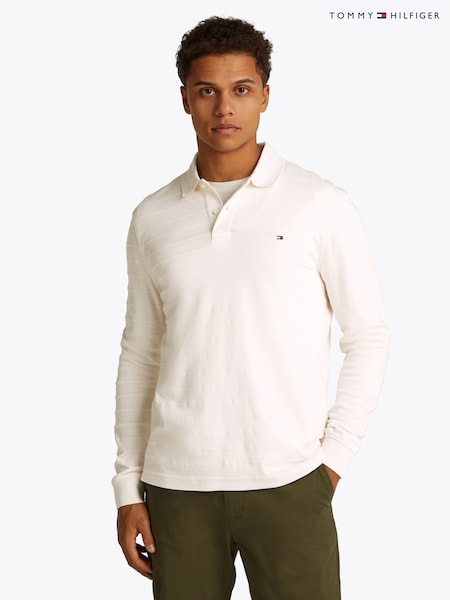 Tommy Hilfiger Cream Regular Fit Jacquard Stripe Long Sleeve 100% Cotton Polo Shirt (AM4955) | £110