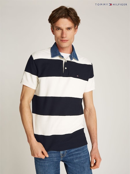 Tommy Hilfiger White Relaxed Stripe Short Sleeve Rugby Polo Shirt (AM4972) | £100