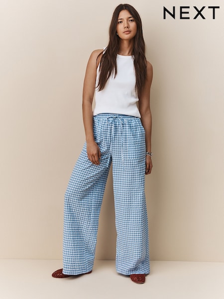Blue/White Textured Gingham Wide Leg Trousers (AM5028) | £26