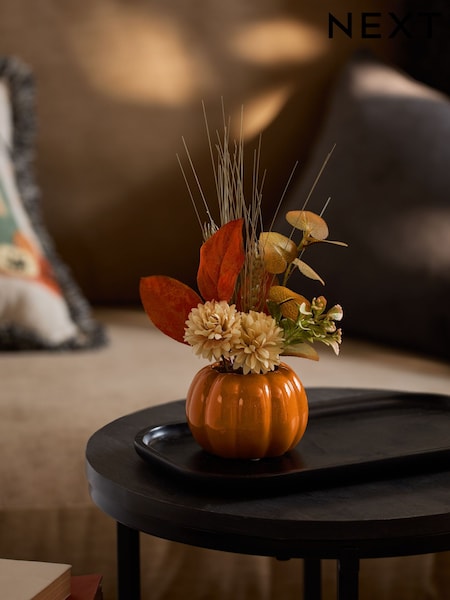 Orange Autumnal Arrangement Artificial Flowers In Ceramic Pumpkin Pot (AM5128) | £14