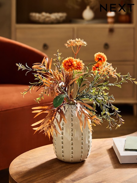 Orange Autumnal Arrangement Artificial Flowers In Natural Textured Vase (AM5131) | £25