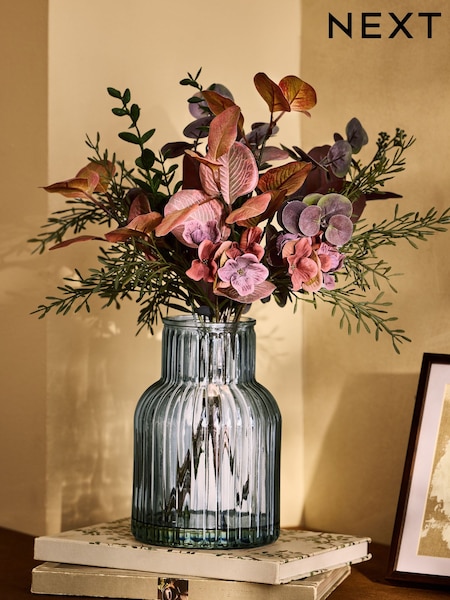 Purple Foliage Arrangement Artificial Flowers In Grey Glass Vase (AM5136) | £45