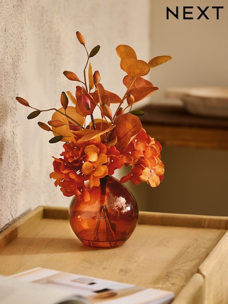 Orange Mixed Hydrangea Arrangement Artificial Flowers In Glass Vase (AM5137) | £24