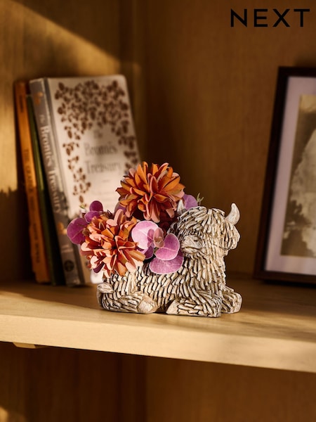 Orange Autumnal Arrangement Artificial Flowers In Hamish The Highland Cow (AM5141) | £14