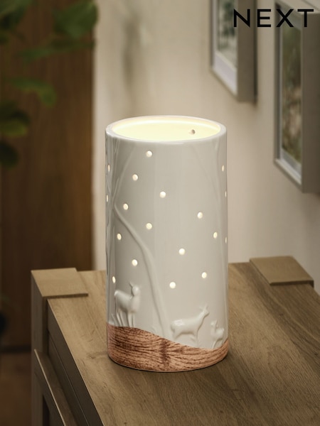 White Ceramic Woodland Scene Hurricane Candle Holder (AM5171) | £24
