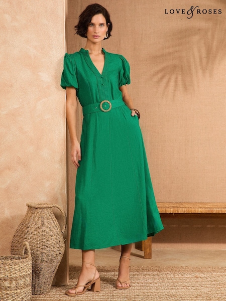 Love & Roses Green Puff Sleeve Midi Dress With Linen (AM5269) | £69