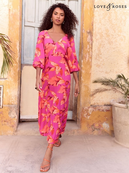 Love & Roses Pink Palm Printed V-Neck Puff Sleeve Midi Dress (AM5272) | £62
