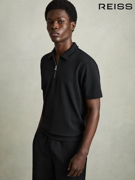 Reiss Black Albany Textured Half-Zip Polo Shirt (AM5297) | £68