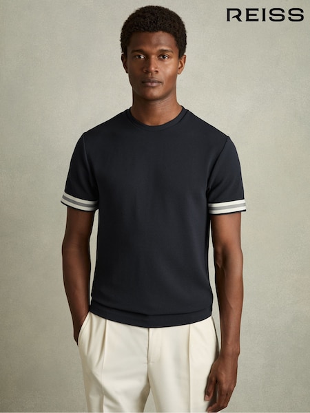 Reiss Navy Emmerson Tape-Cuff Textured T-Shirt (AM5318) | £58