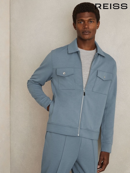 Reiss Airforce Blue Medina Interlock Jersey Zip-Through Overshirt (AM5321) | £168