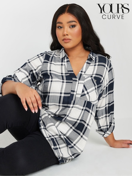 Yours Curve Navy Blue Check Print Boyfriend Shirt (AM5373) | £29
