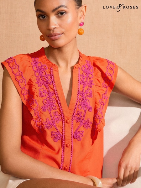 Love & Roses Orange Print Flutter Sleeve Printed V-Neck Blouse (AM5467) | £39