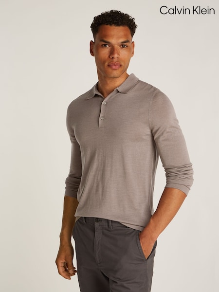 Calvin Klein Grey Italian Merino Silk Long Sleeve Polo Shirt (AM5519) | £150