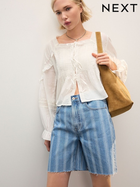Blue Stripe 100% Cotton Slouch Relax Denim Shorts (AM5608) | £0
