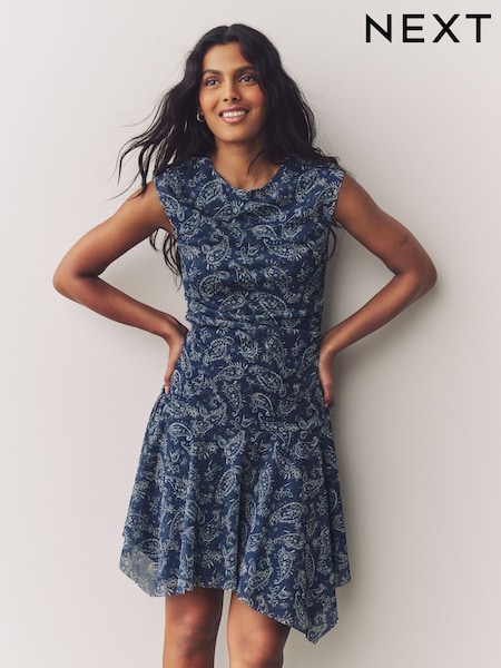 Blue Paisly Print Mesh Asymetric Short Sleeve Mini Dress (AM5634) | £30