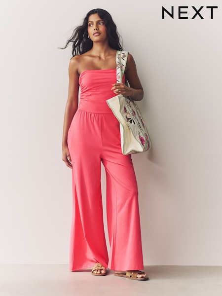 Coral Pink Bandeau Jersey 100% Cotton Jumpsuit (AM5647) | £36