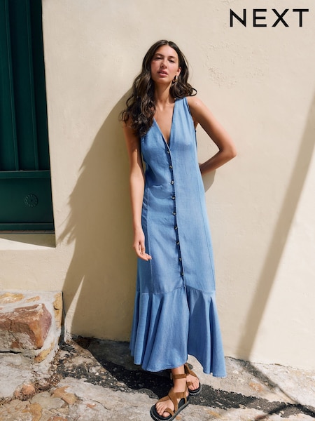 Blue Button Down Midi Dress (AM5692) | £59