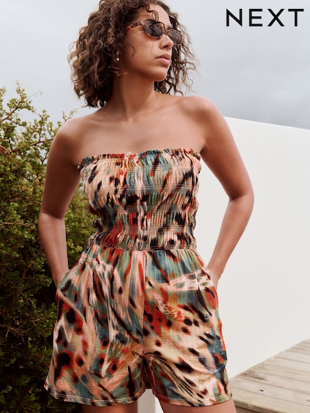 Teal Blue Bandeau Shirred 100% Cotton Playsuit (AM5697) | £24