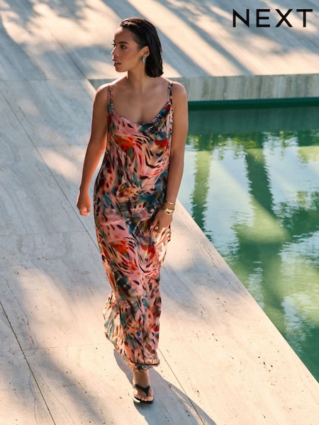 Teal Blue Cowl Neck Sheer Slip Dress (AM5700) | £36