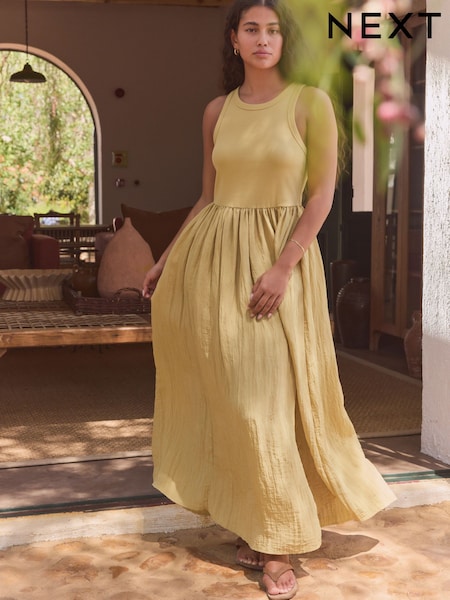 Olive Green Crinkle Texture Jersey/Woven Mix Midi Dress (AM5701) | £40