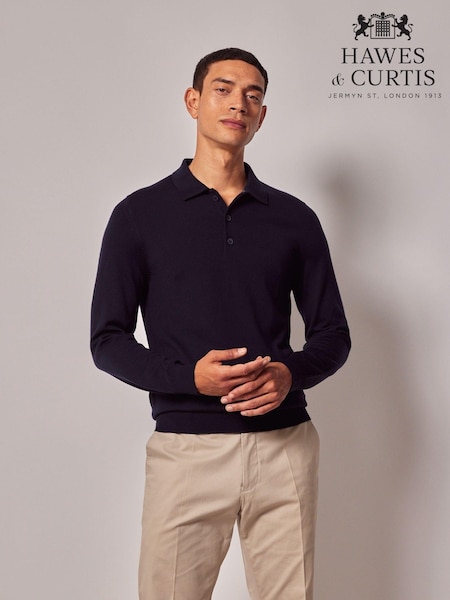 Hawes & Curtis Blue Merino Polo Jumper (AM5808) | £69