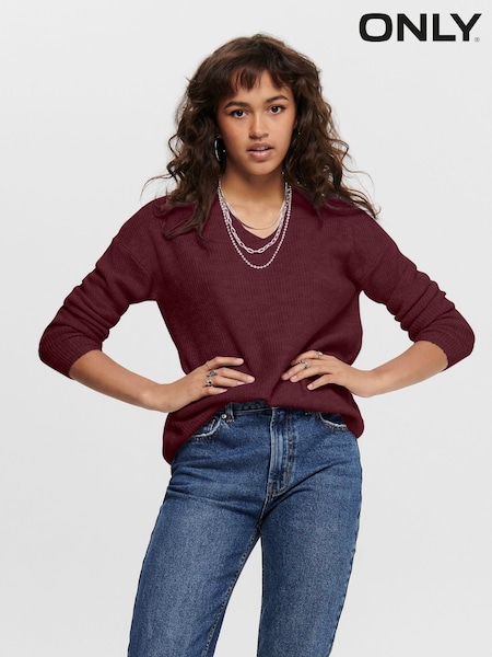 ONLY Burgundy V-Neck Jumper (AM5939) | £26