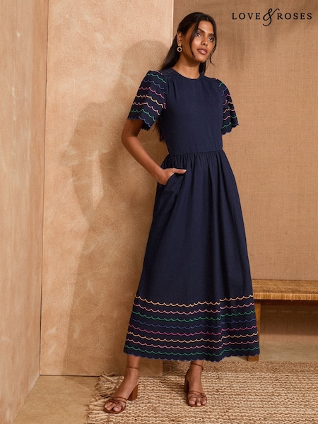 Love & Roses Navy Rainbow Scallop Jersey Midi Dress (AM5947) | £48