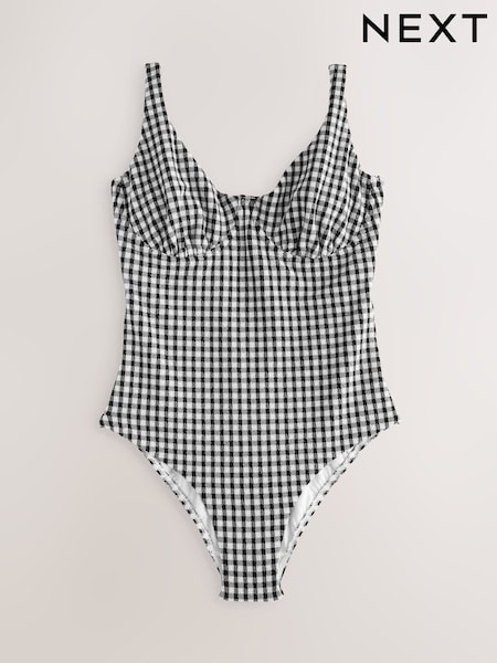 Black/White Crinkle Gingham Tummy Control DD+ Wired Swimsuit (AM6018) | £49