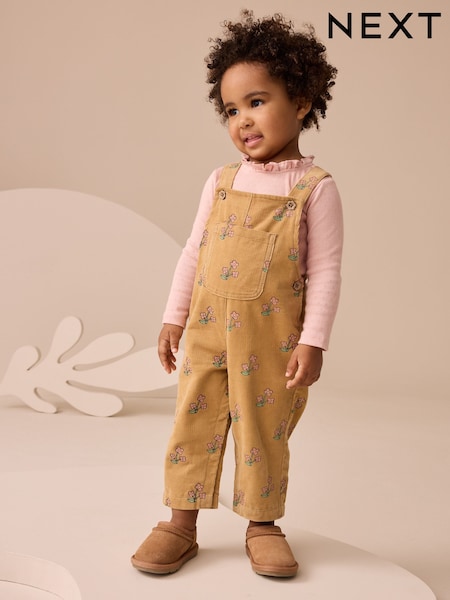 Ochre Yellow Floral Print Corduroy Dungarees and T Shirt Set (3mths-7yrs) (AM6320) | £22 - £26