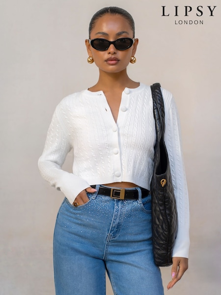 Lipsy White Buttoned Crew Neck Knit Cardigan (AM6587) | £39