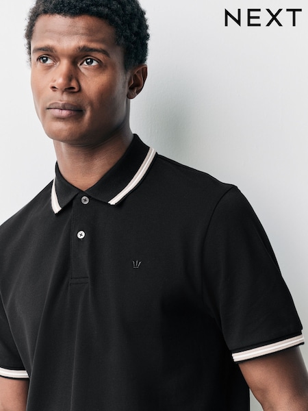 Black Ottoman Regular Fit Short Sleeve Tipped Polo Shirt (AM6651) | £20