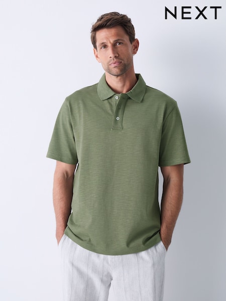 Green 100% Cotton Short Sleeve Slub Polo Shirt (AM6663) | £22