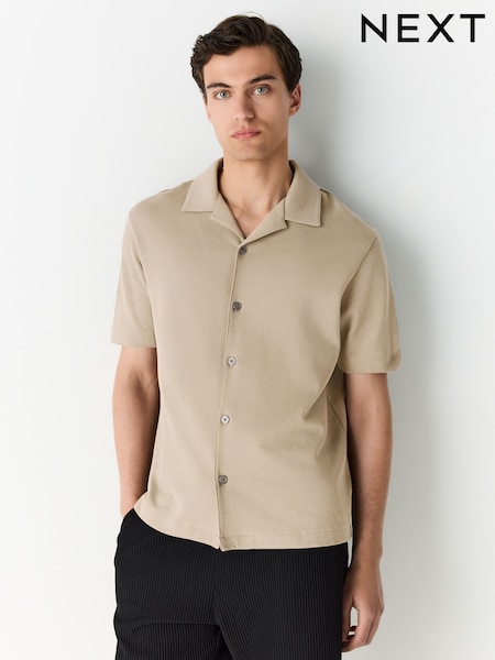 Stone Relaxed Fit Smart Cuban Collar Jersey Shirt (AM6670) | £26