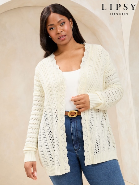 Lipsy Ivory Curve Knitted Pretty Stitch Crochet Long Cardigan (AM6750) | £42