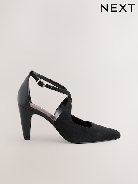 Black Leather Suede Forever Comfort® Cross-Over Point Toe Court Heels (AM6977) | £49