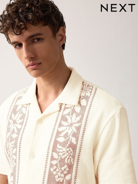 Ecru/Red Cuban Collar Textured Jersey Short Sleeve Shirt (AM7205) | £32