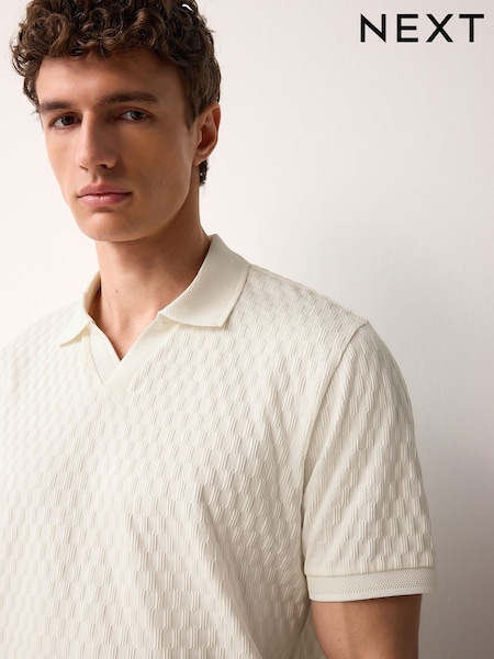 Ecru Cream Textured Cuban Collar 100% Cotton Polo Shirt (AM7232) | £26