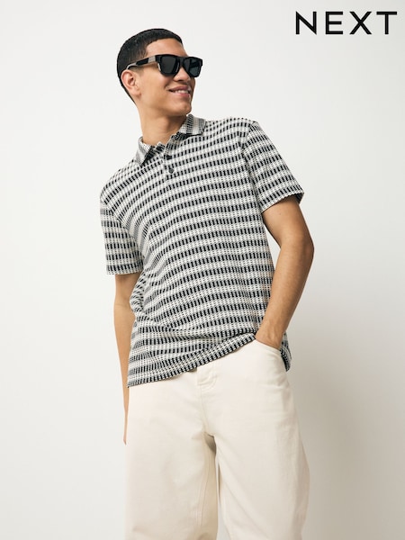 Black/White Textured Stripe Button Neck Polo Shirt (AM7236) | £26