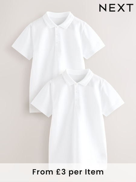 White Slim Fit Cotton School Short Sleeve Polo Shirts 2 Pack (3-16yrs) (AM7669) | £6 - £12