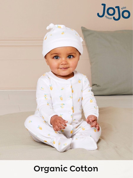 JoJo Maman Bébé Cream 100% Organic Cotton Lemon Embroidered Baby Hat (AM7734) | £5